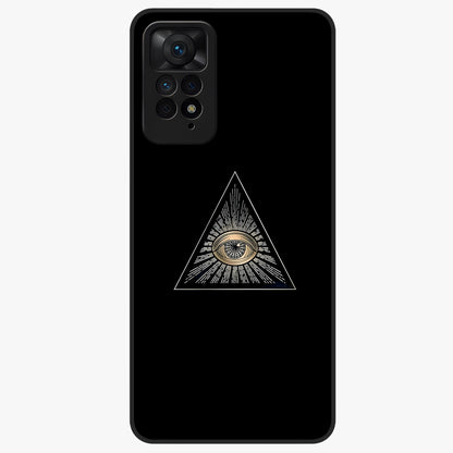 Illuminati Evil Glass Case showing flat back view with mysterious illuminati symbol artwork and glossy glass finish.