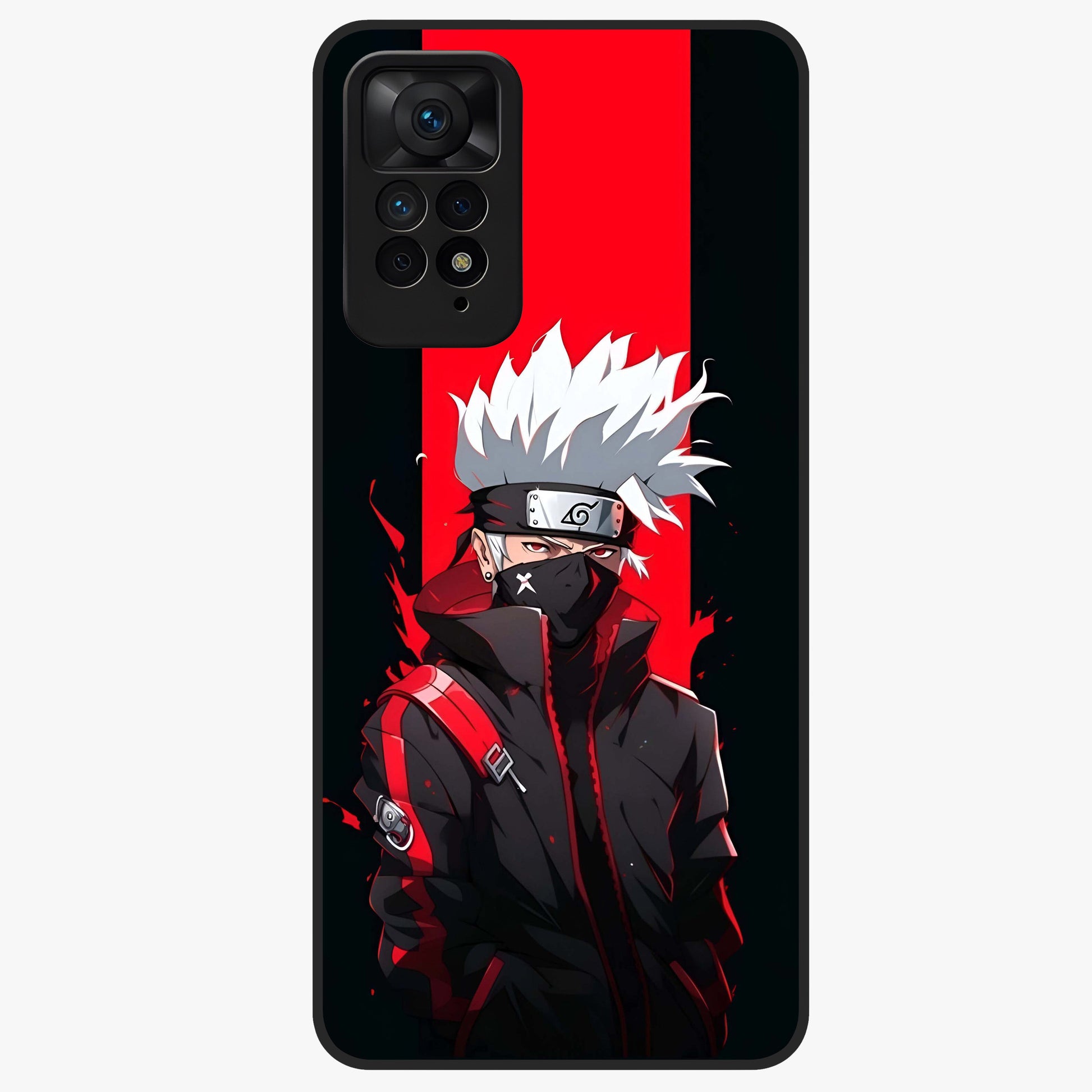 Kakashi Scarlet Shadow Glass Case showing flat back view with powerful anime ninja artwork and glossy glass finish.