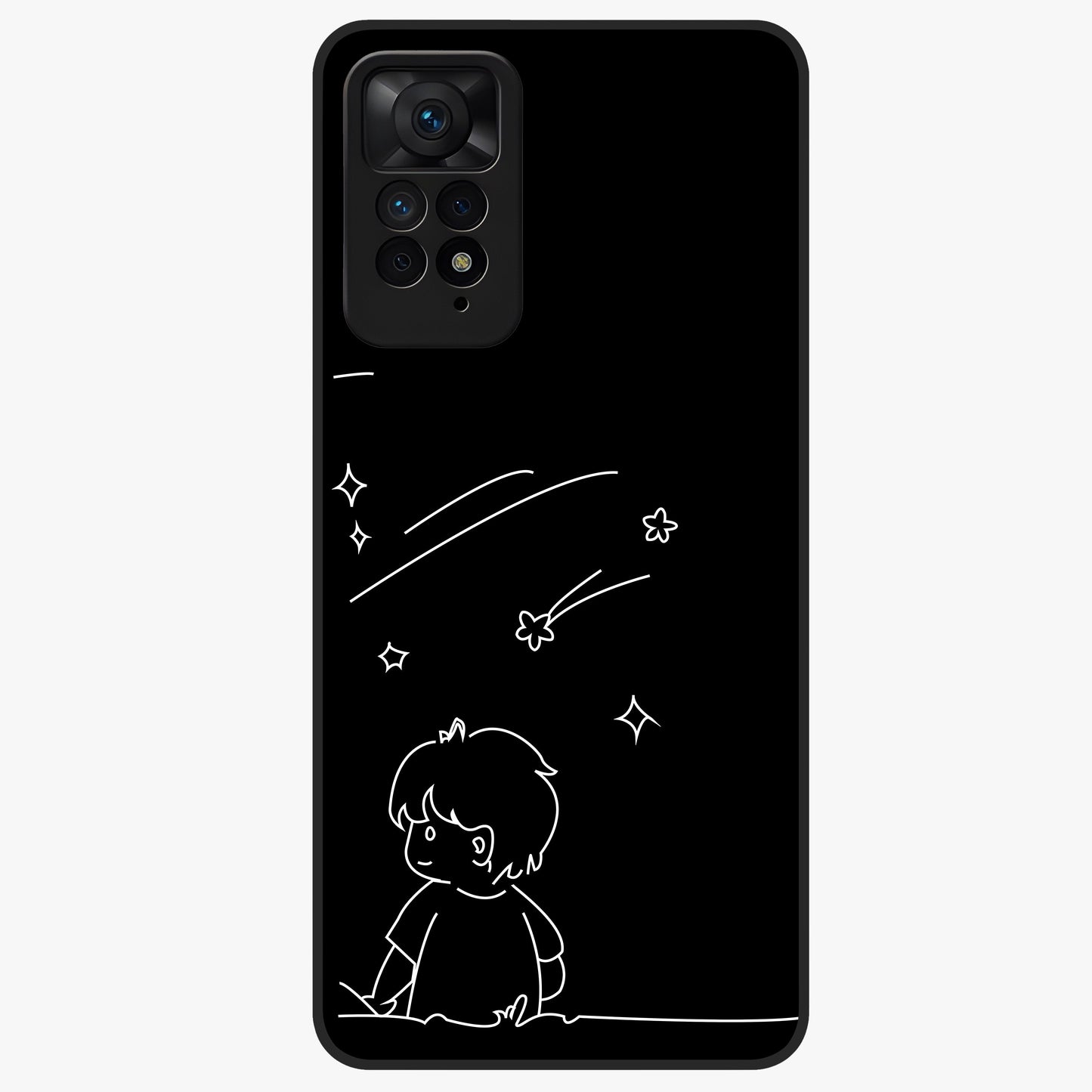 Line Art Boy With Shooting Stars Glass Case showing flat back view with minimal line art boy and shooting stars illustration and glossy glass finish.