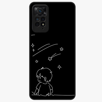 Line Art Boy With Shooting Stars Glass Case showing flat back view with minimal line art boy and shooting stars illustration and glossy glass finish.