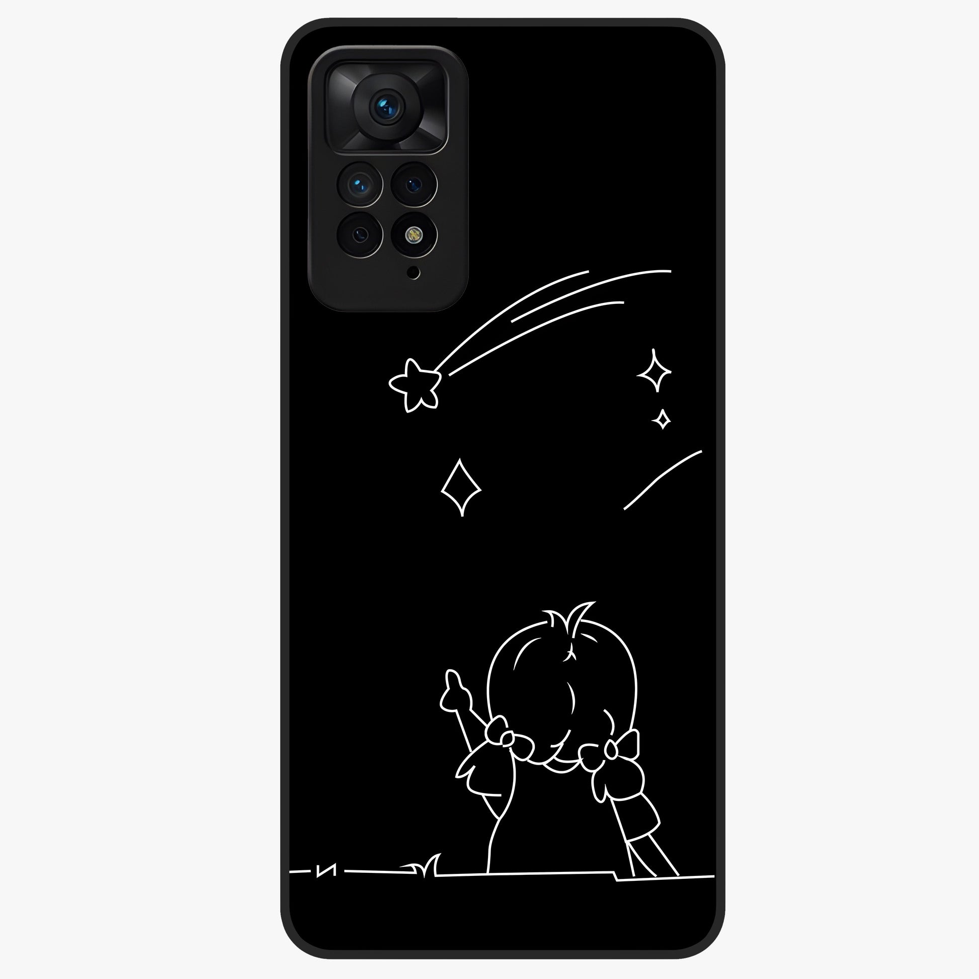 Line Art Girl With Shooting Stars Glass Case showing flat back view with minimal line art girl and shooting stars illustration and glossy glass finish.