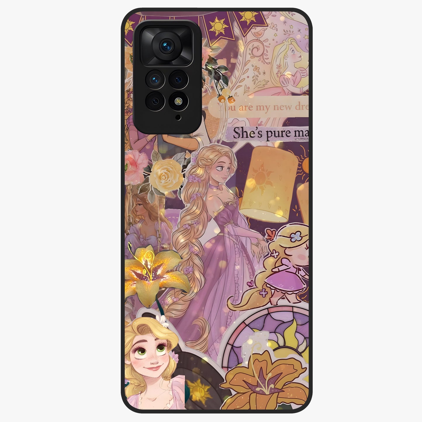 Magical Tangled Dream Glass Case showing flat back view with dreamy tangled artwork and glossy glass finish.