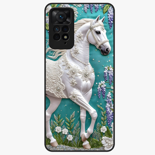 Majestic Floral Stallion Glass Case showing flat back view with powerful horse and floral artwork and glossy glass finish.