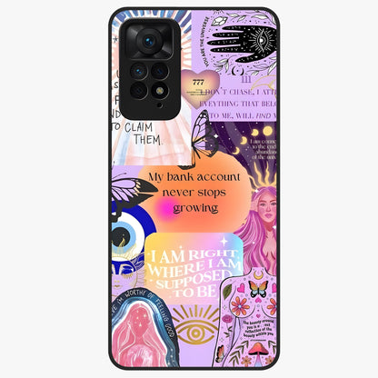 Manifestation Collage Glass Case showing flat back view with motivational collage artwork and glossy glass finish.