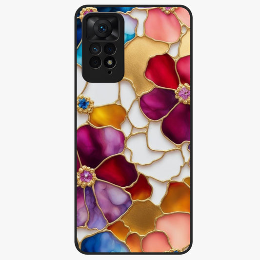 Marble Flower Pattern Glass Case showing flat back view with marble texture floral artwork and glossy glass finish.