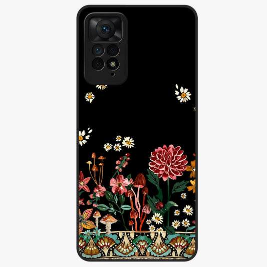 Midnight Bloom Pattern Glass Case showing flat back view with dark floral pattern artwork and glossy glass finish.