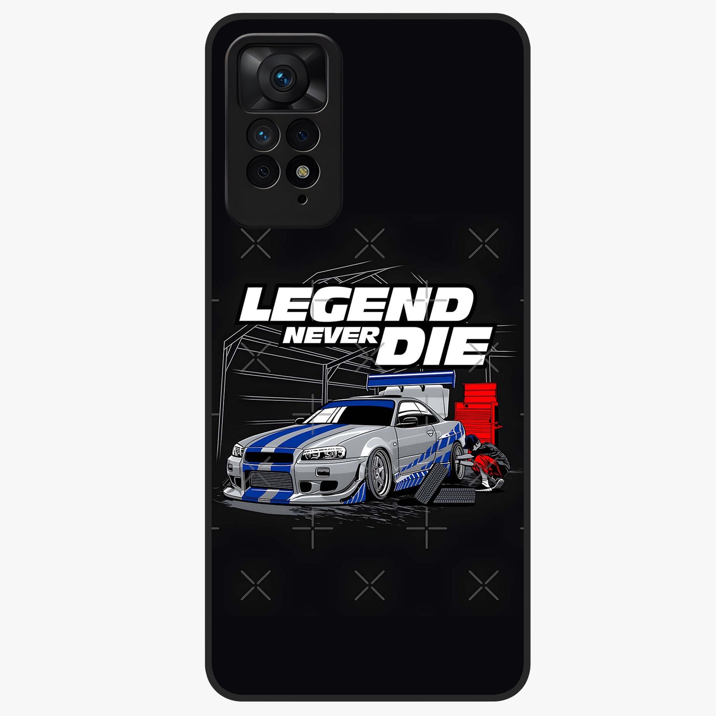 Midnight Racing Legacy Glass Case showing flat back view with sleek racing inspired artwork and glossy glass finish.