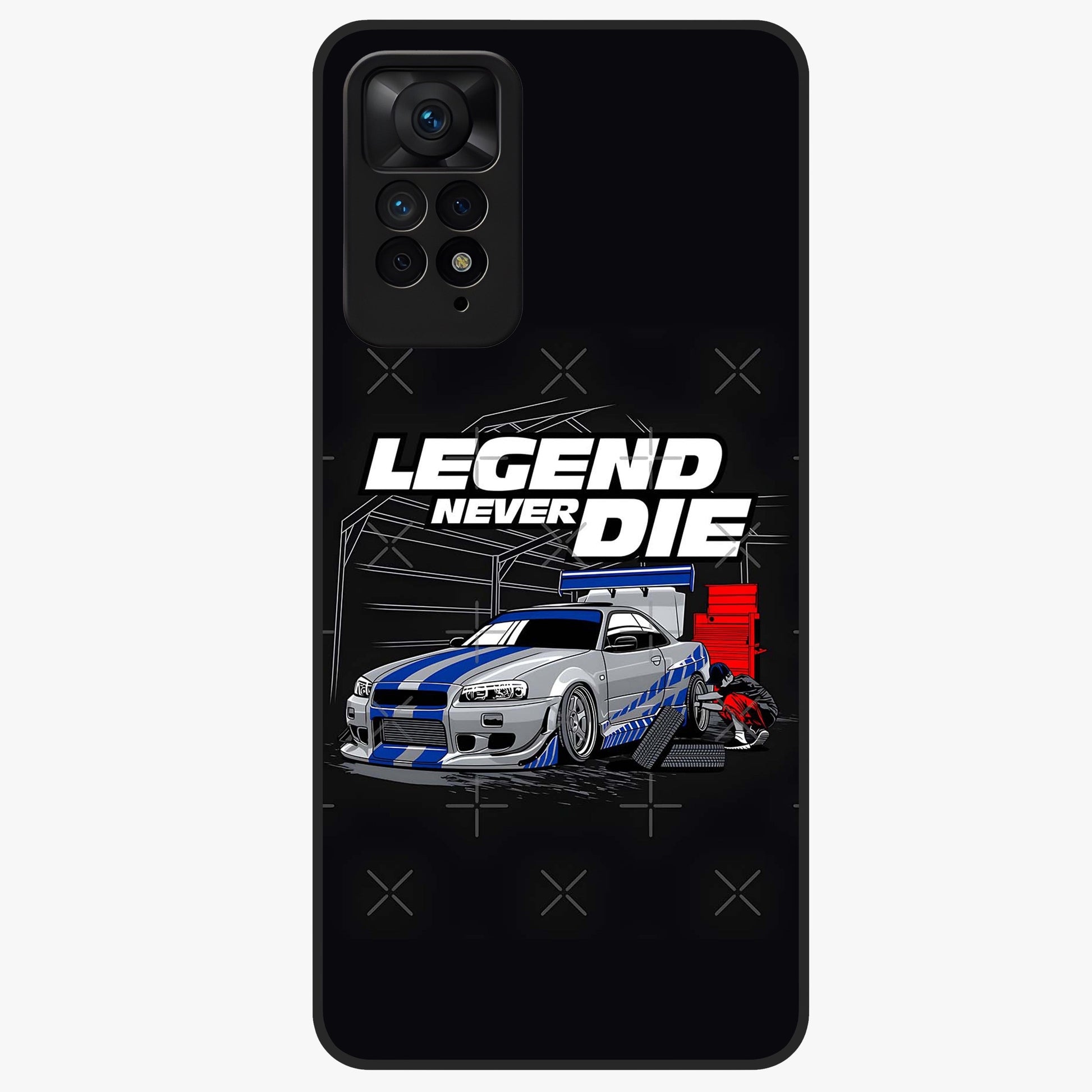 Midnight Racing Legacy Glass Case showing flat back view with sleek racing inspired artwork and glossy glass finish.