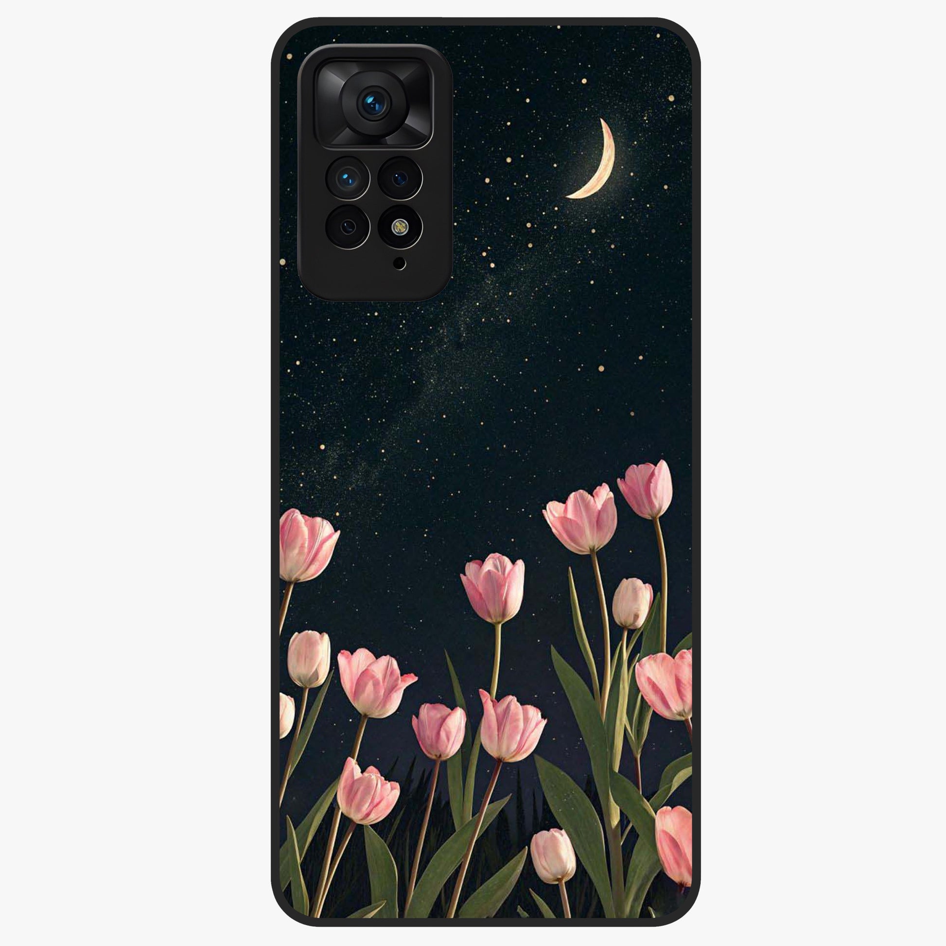 Midnight Tulip Whispers Vibe Glass Case showing flat back view with elegant tulip flower artwork and glossy glass finish.