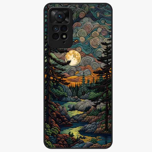 Moonlight Forest Dream Glass Case showing flat back view with mystical forest moonlight artwork and glossy glass finish.