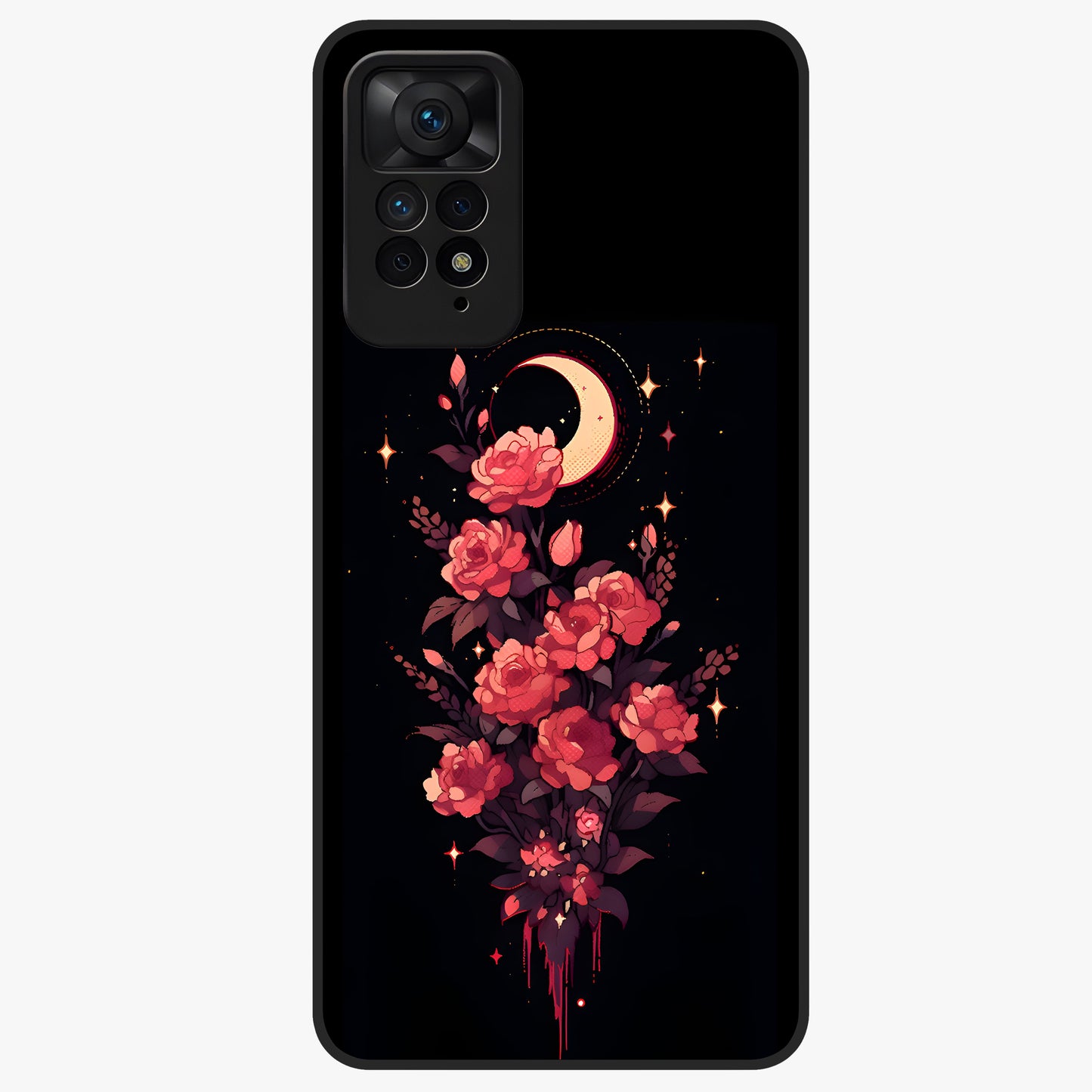 Moonlit Floral Elegance Glass Case showing flat back view with elegant floral artwork under moonlit tones and glossy glass finish.