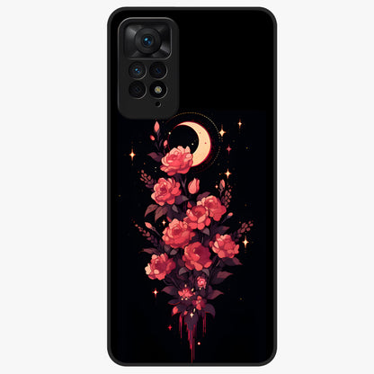 Moonlit Floral Elegance Glass Case showing flat back view with elegant floral artwork under moonlit tones and glossy glass finish.