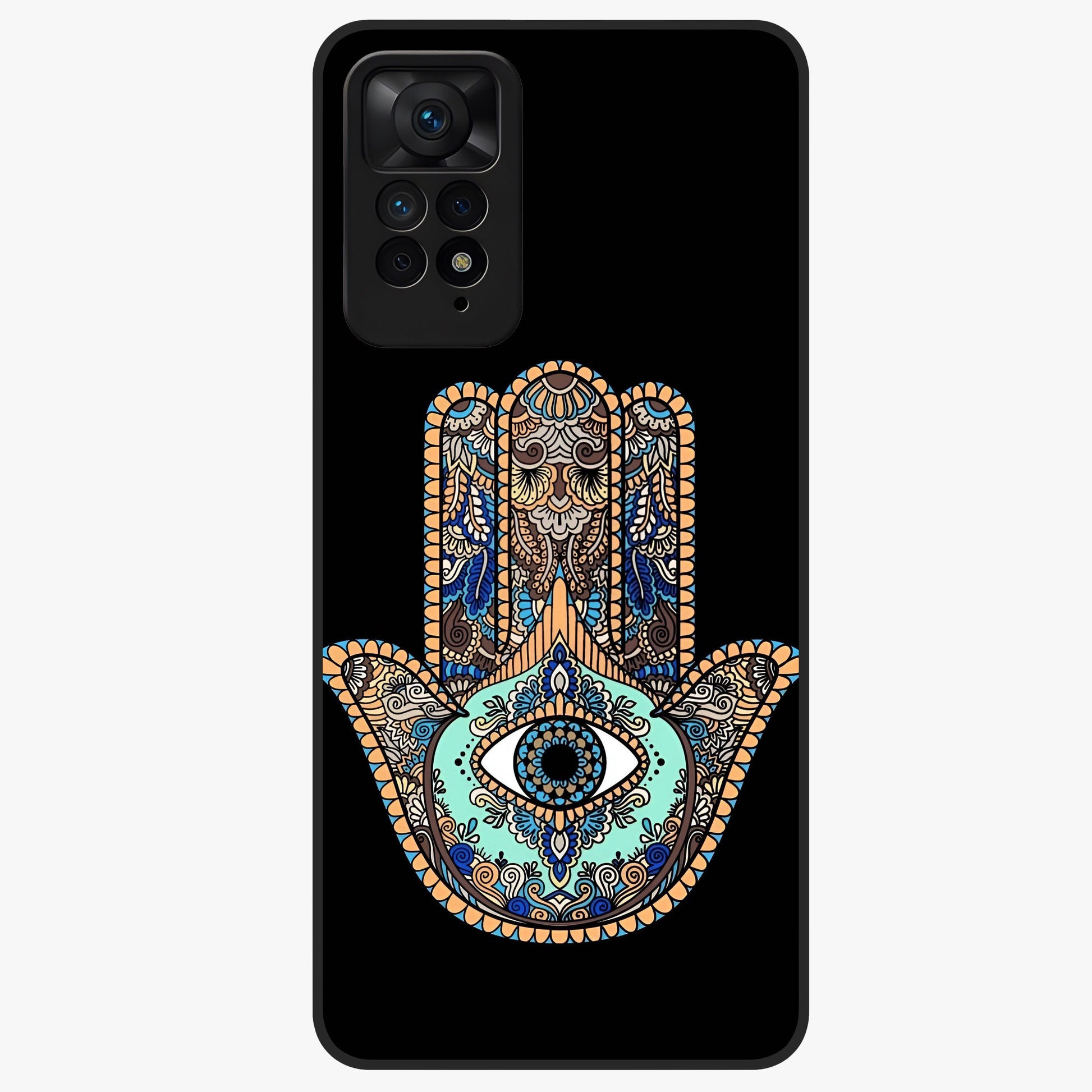 Mystic Hamsa Eye Glass Case showing flat back view with protective hamsa hand and evil eye artwork and glossy glass finish.