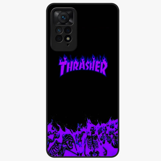 Neon Flame Riot Glass Case showing flat back view with neon flame artwork and glossy glass finish.