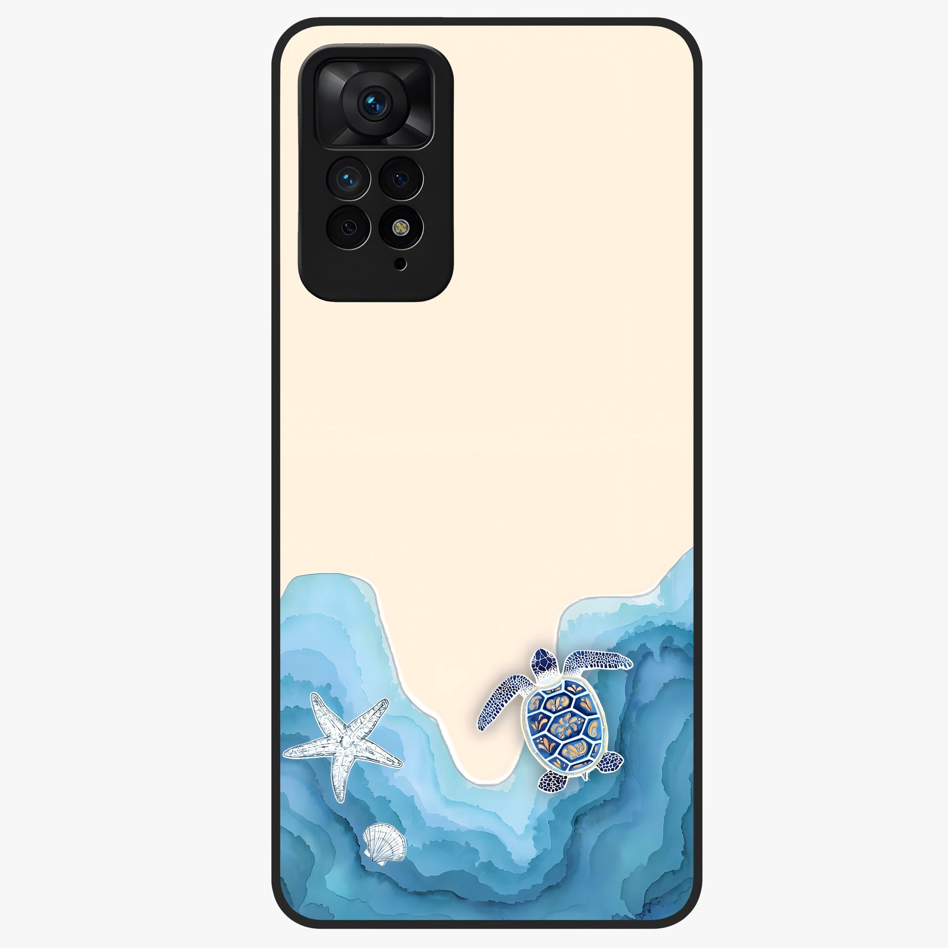Ocean Drift Turtle Glass Case showing flat back view with sea turtle artwork and glossy glass finish.