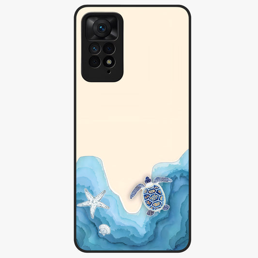 Ocean Drift Turtle Glass Case showing flat back view with sea turtle artwork and glossy glass finish.