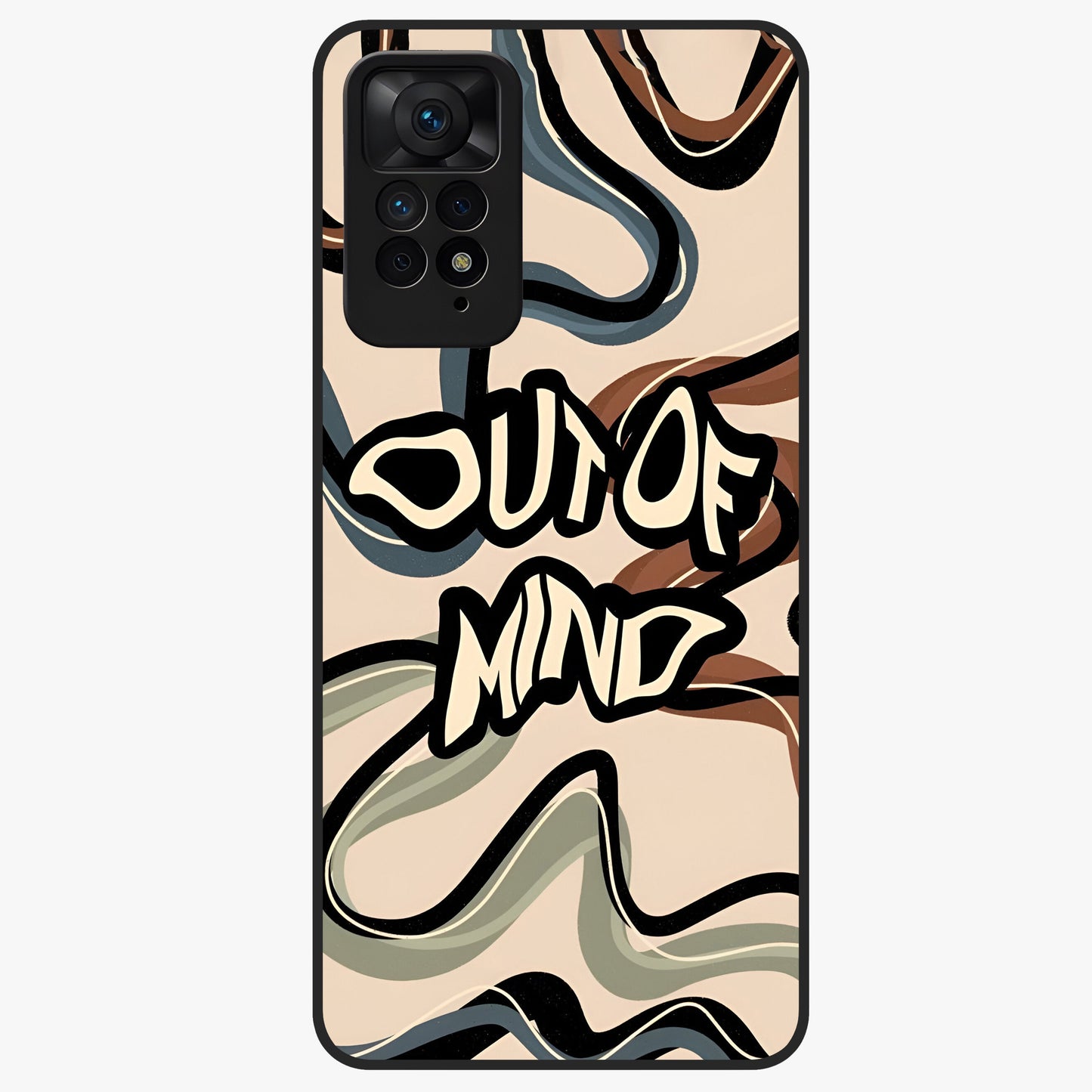 Out Of Mind Glass Case showing flat back view with expressive typography artwork and glossy glass finish.