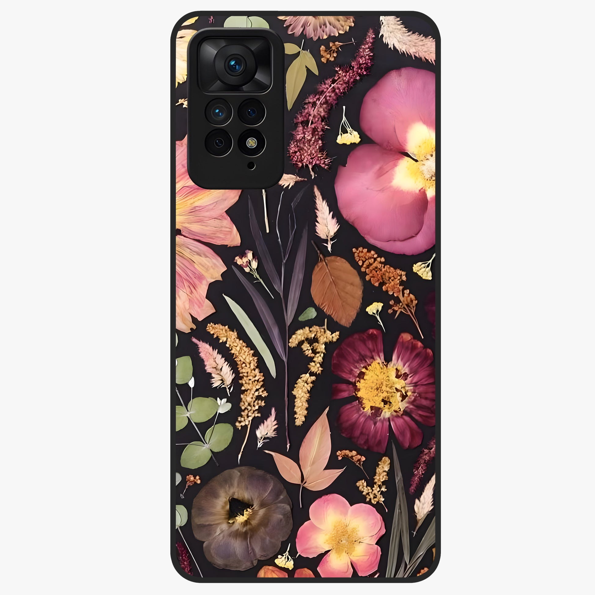 Petal Dream Tapestry Glass Case showing flat back view with intricate floral tapestry artwork and glossy glass finish.