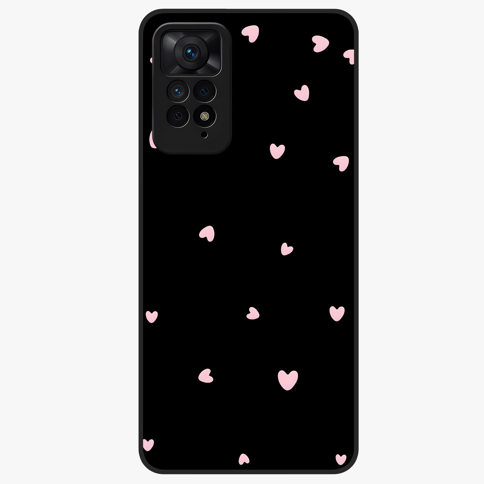 Pink Love Drops Glass Case showing flat back view with playful pink heart drops artwork and glossy glass finish.