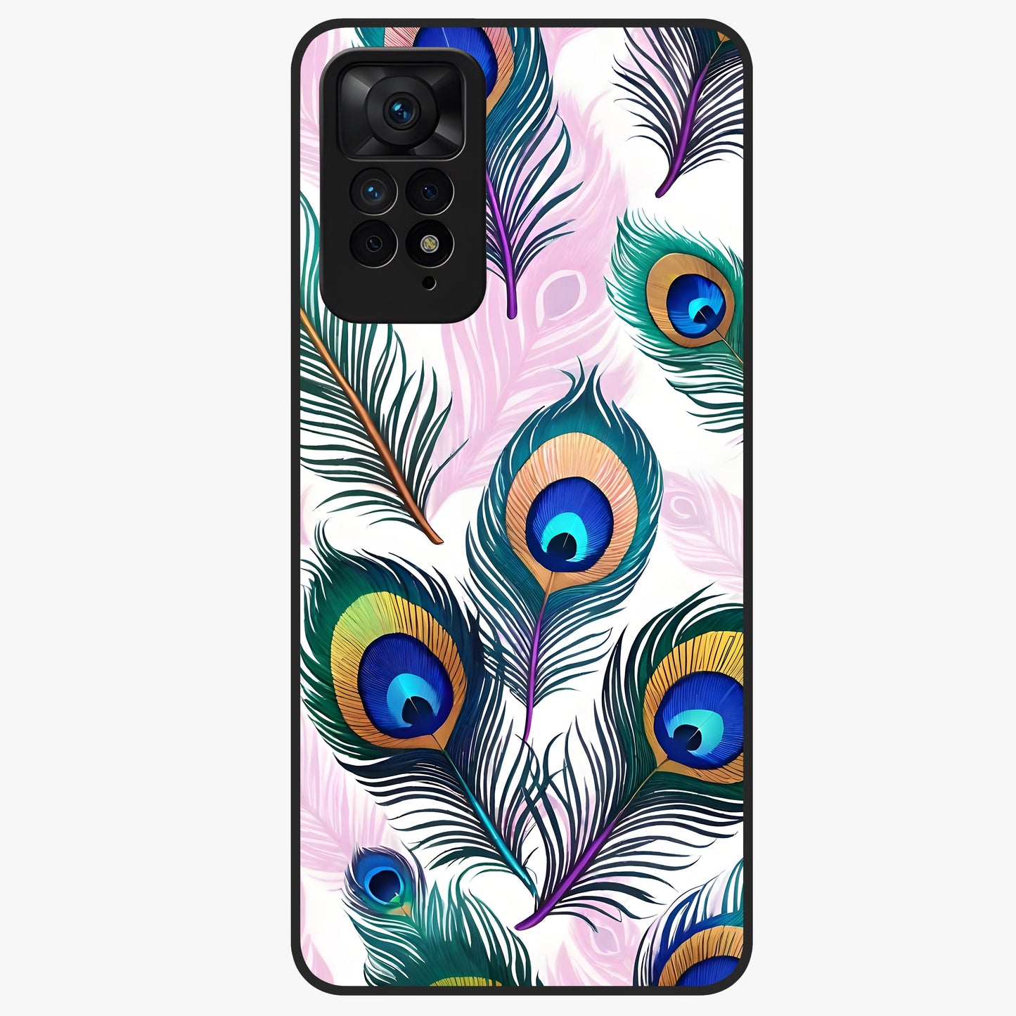 Royal Peacock Feathers Glass Case showing flat back view with colorful peacock feather artwork and glossy glass finish.