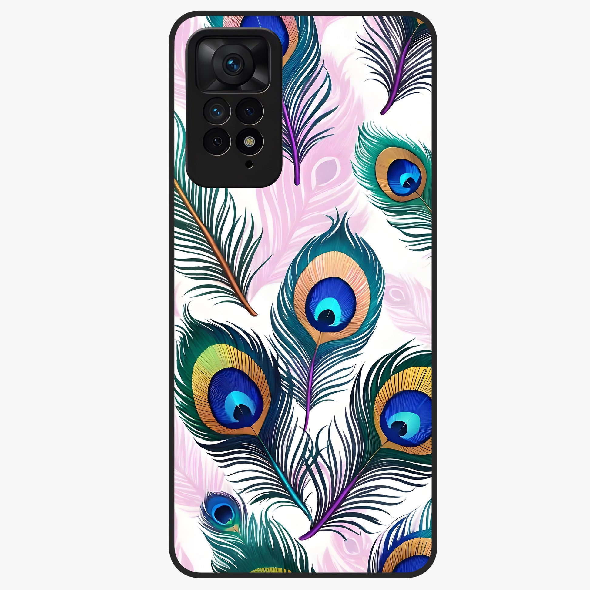 Royal Peacock Feathers Glass Case showing flat back view with colorful peacock feather artwork and glossy glass finish.