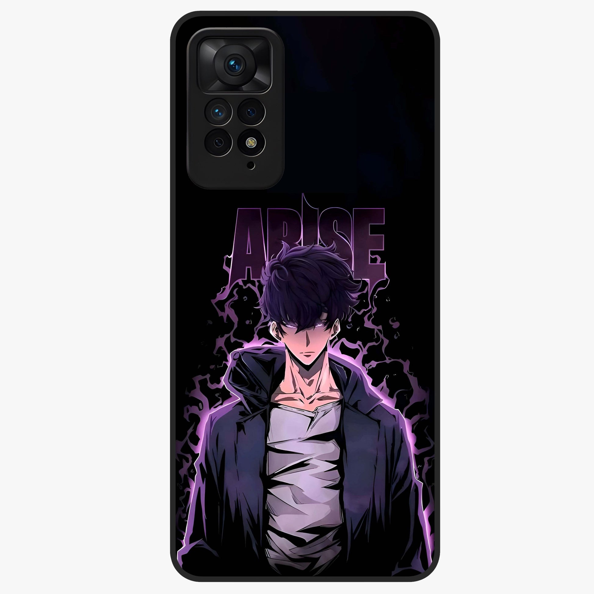 Shadow Monarch Awakening Glass Case showing flat back view with powerful dark monarch themed artwork and glossy glass finish.