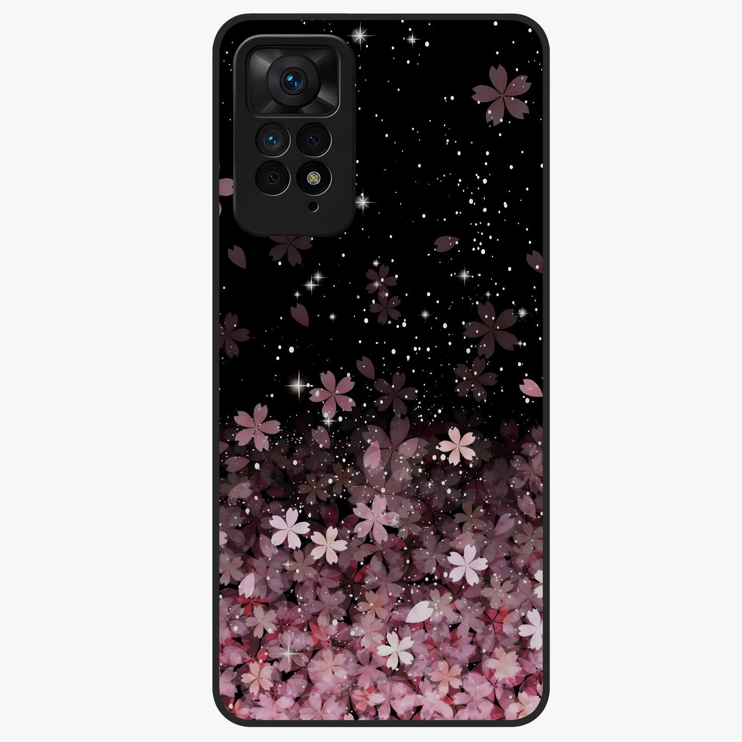 Small Starry Flowers Glass Case showing flat back view with delicate starry floral artwork and glossy glass finish.