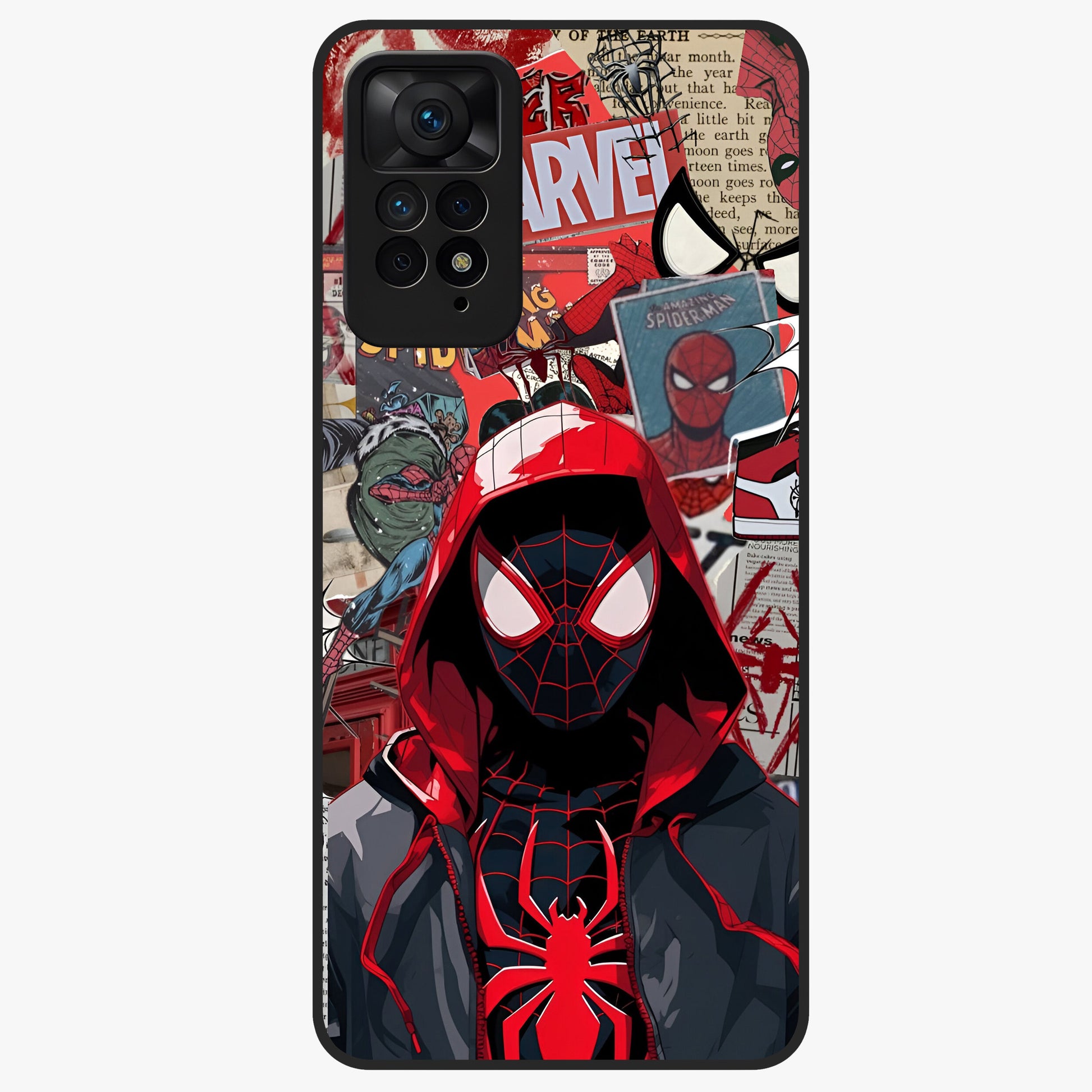 Spider Collage Street Glass Case showing flat back view with vibrant superhero collage artwork and glossy glass finish.