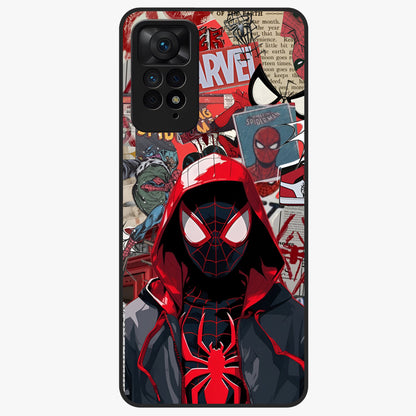 Spider Collage Street Glass Case showing flat back view with vibrant superhero collage artwork and glossy glass finish.