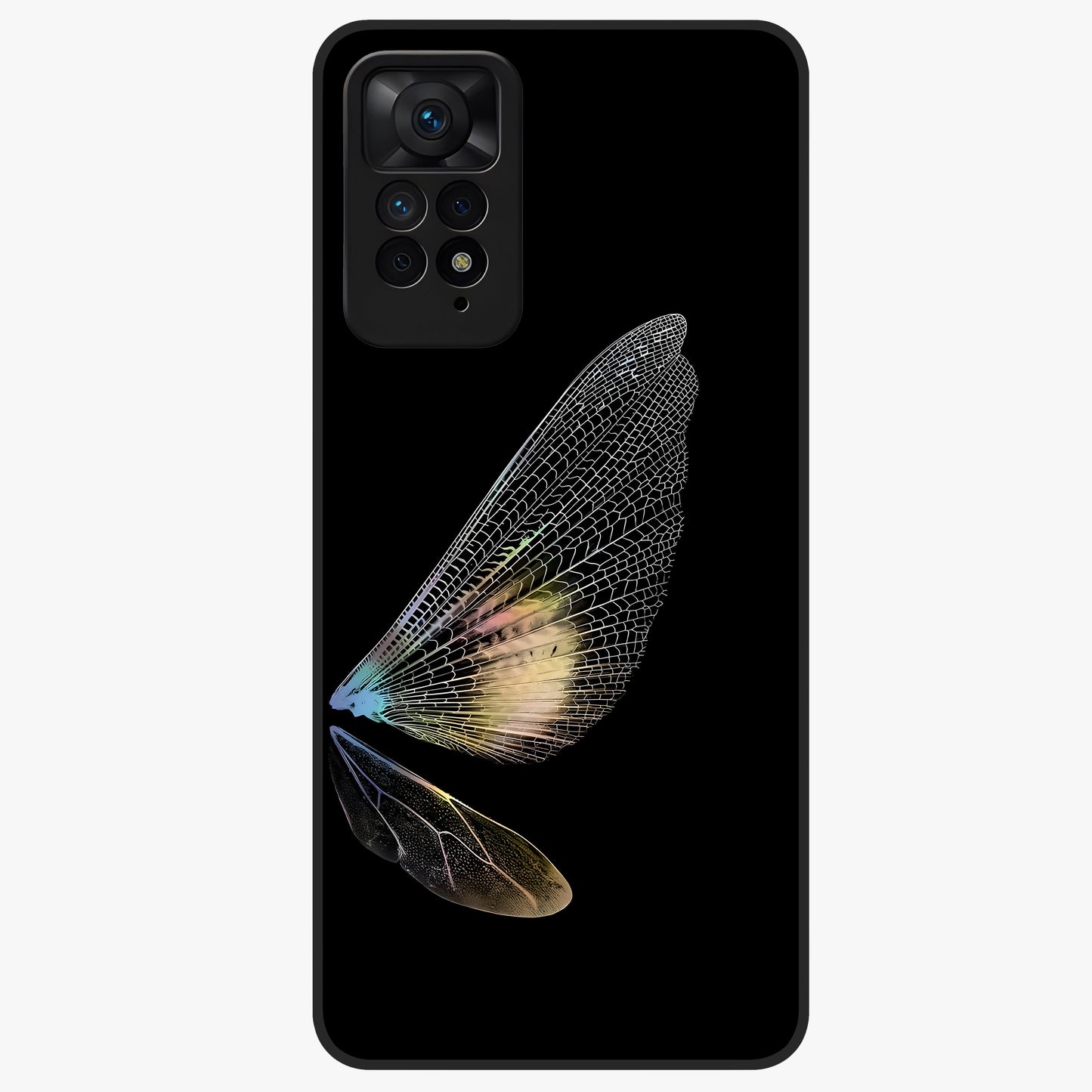 Whispers Of Wings Glass Case showing flat back view with graceful wing inspired artwork and glossy glass finish.