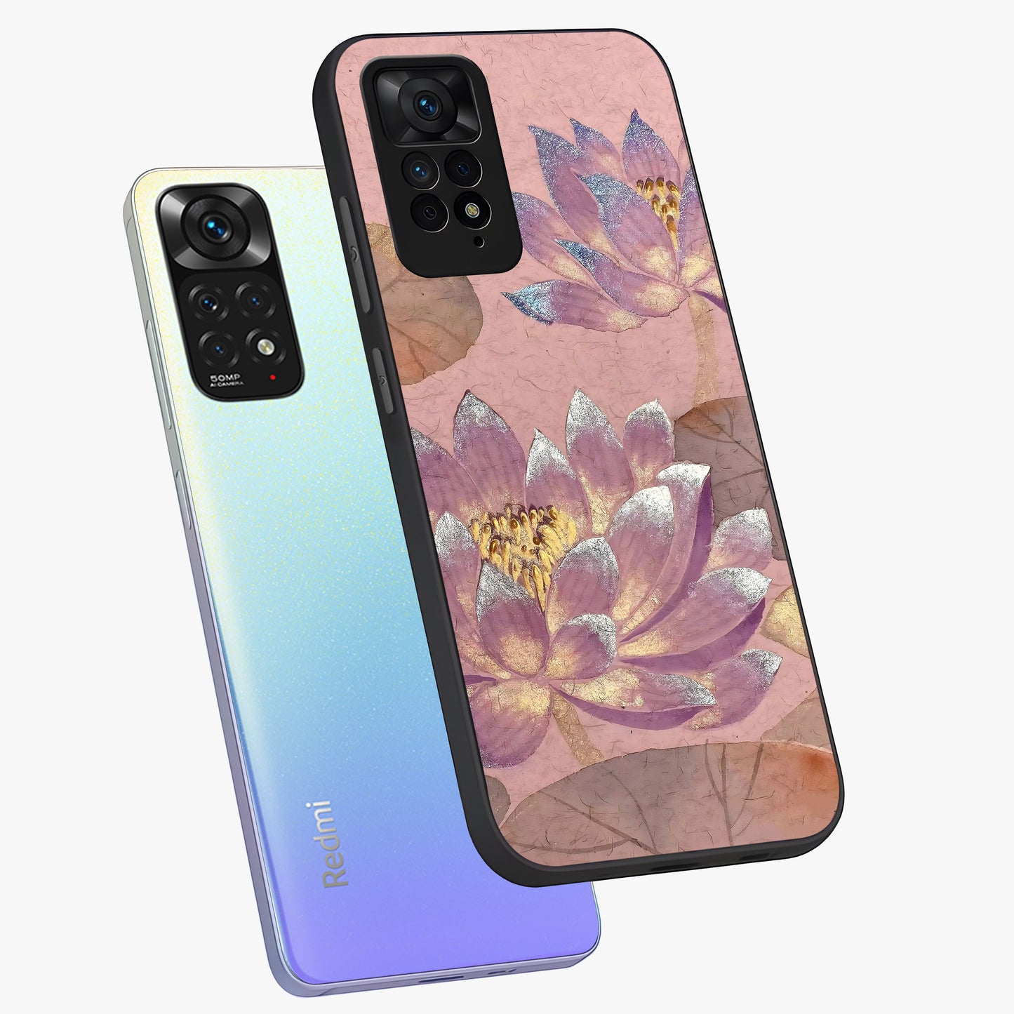 Blossom Mist Lotus Glass Case displayed in angled mockup highlighting delicate lotus illustration with calm aesthetic theme.