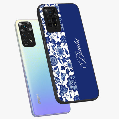 Blue Vintage Floral Pattern Glass Case displayed in angled mockup highlighting subtle bloom pattern with aesthetic pastel design.