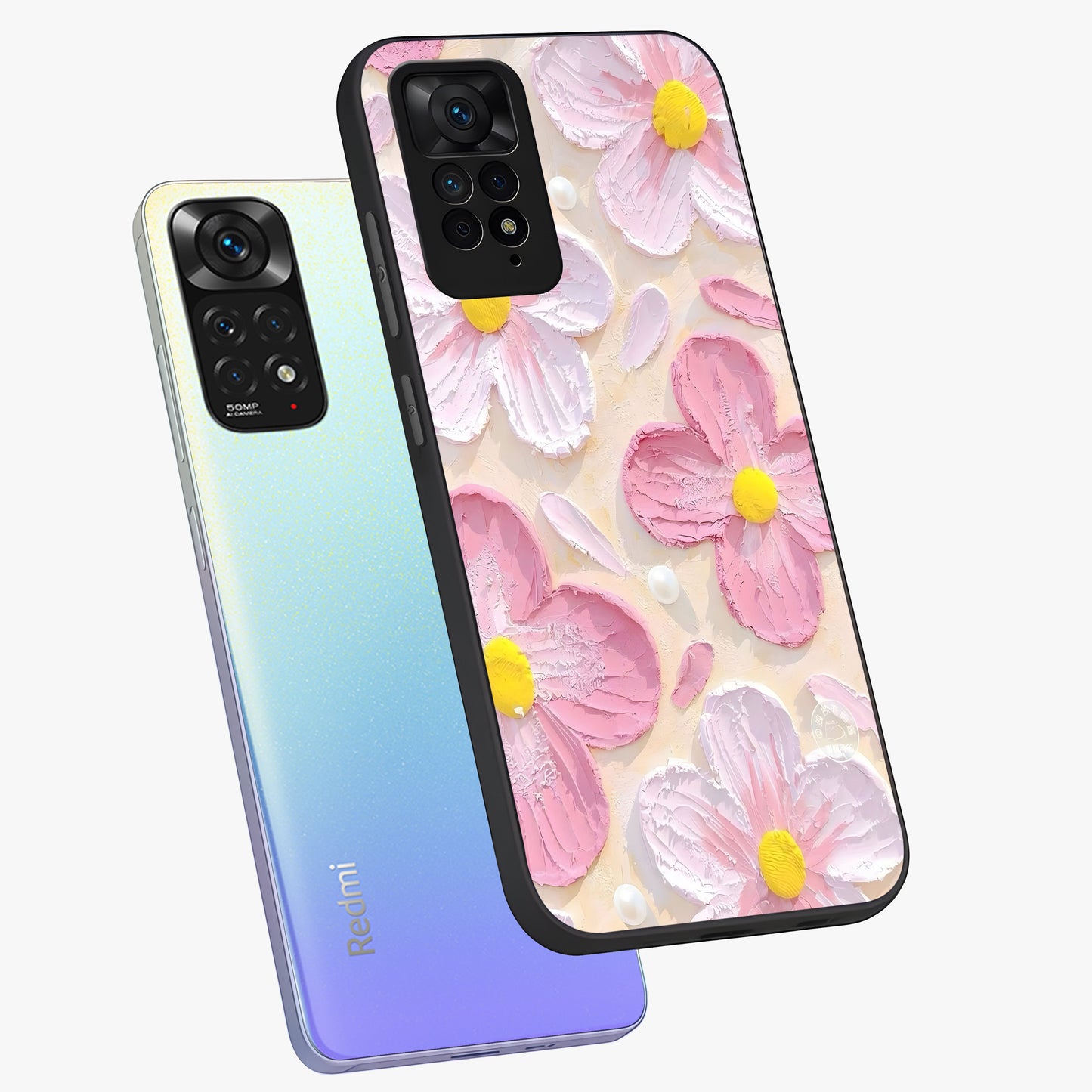 Blush Bloom Texture Glass Case displayed in angled mockup highlighting subtle bloom pattern with aesthetic pastel design.