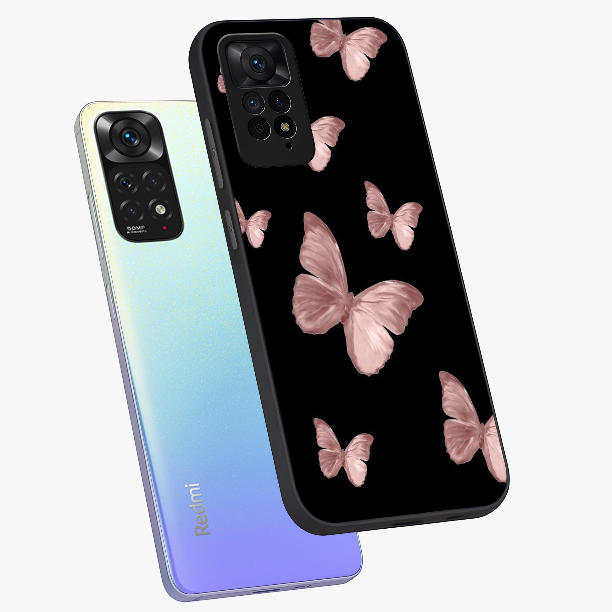 Butterfly Pattern Glass Case displayed in angled mockup highlighting delicate butterfly design and aesthetic pattern style.