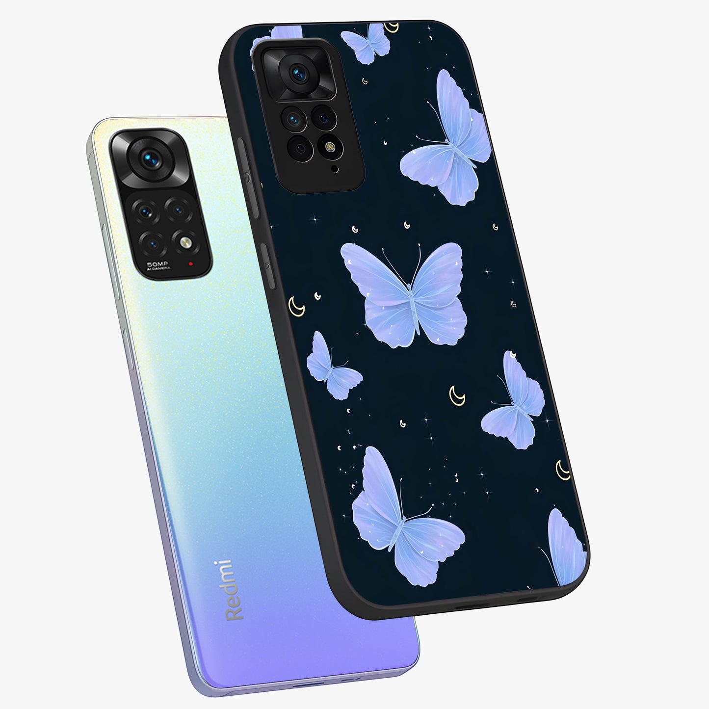 Butterfly With Stars Pattern Glass Case displayed in angled mockup highlighting dreamy butterfly and star design with aesthetic theme.