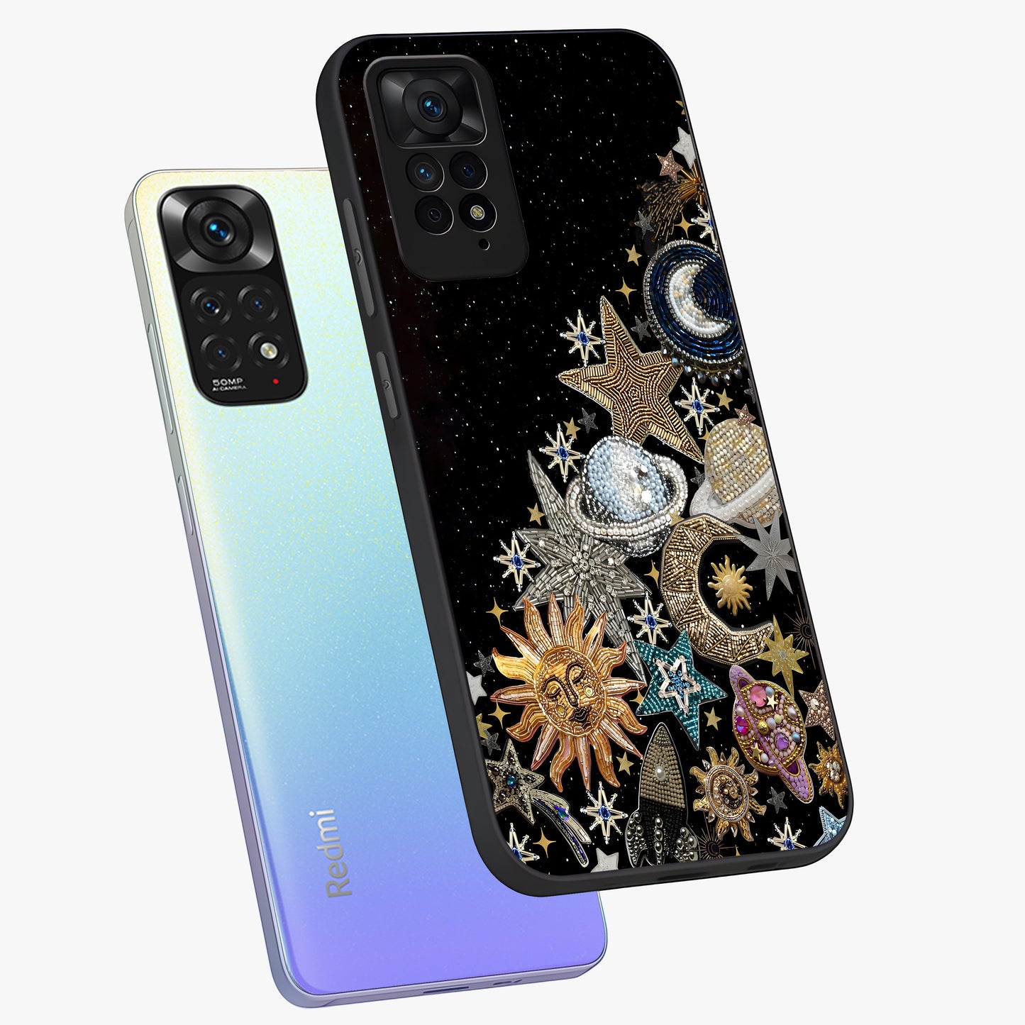 Cosmic Sparkle Dreams Glass Case displayed in angled mockup highlighting dreamy star sparkle design with celestial aesthetic.