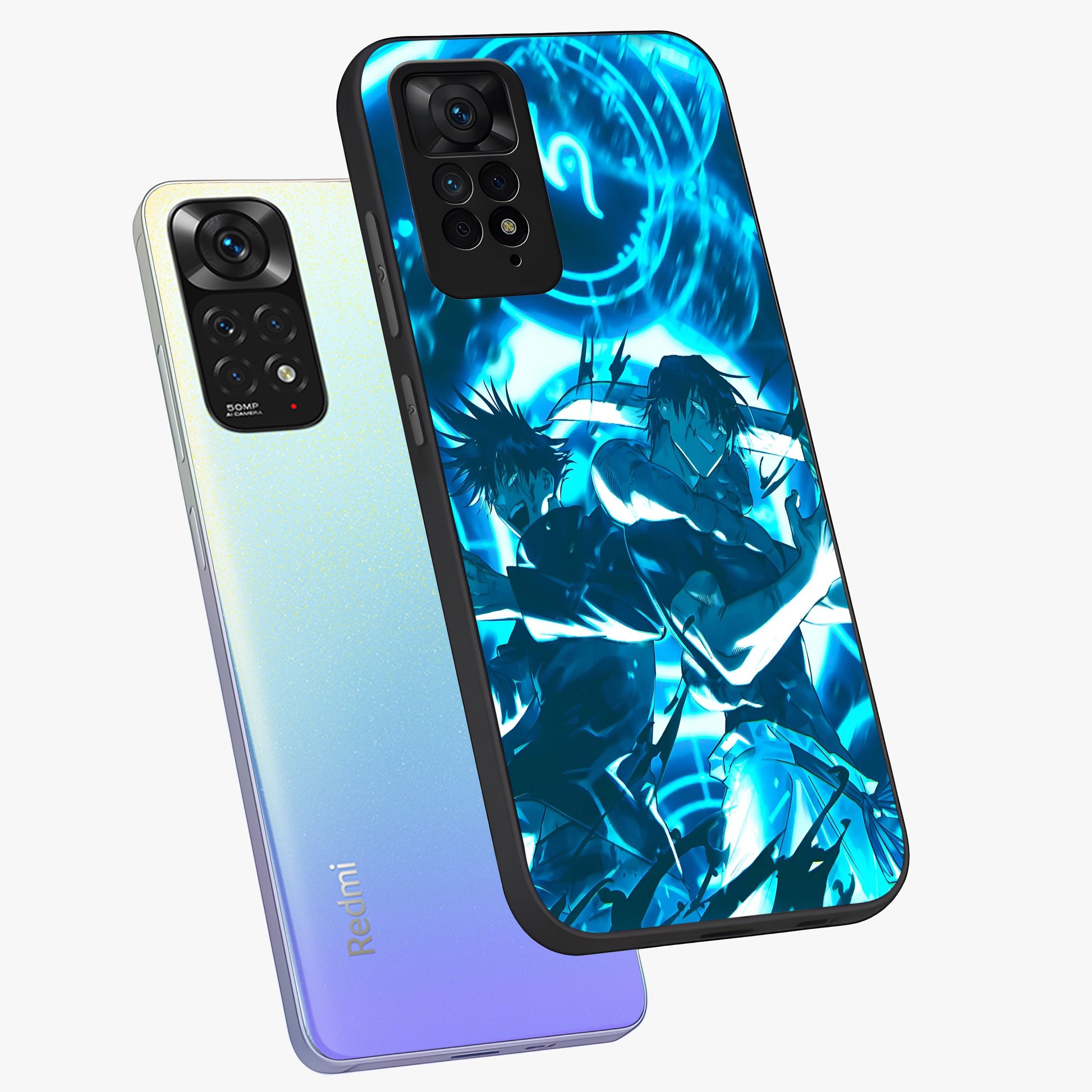 Cursed Energy Clash Glass Case displayed in angled mockup highlighting powerful battle inspired graphic with anime style aesthetic.