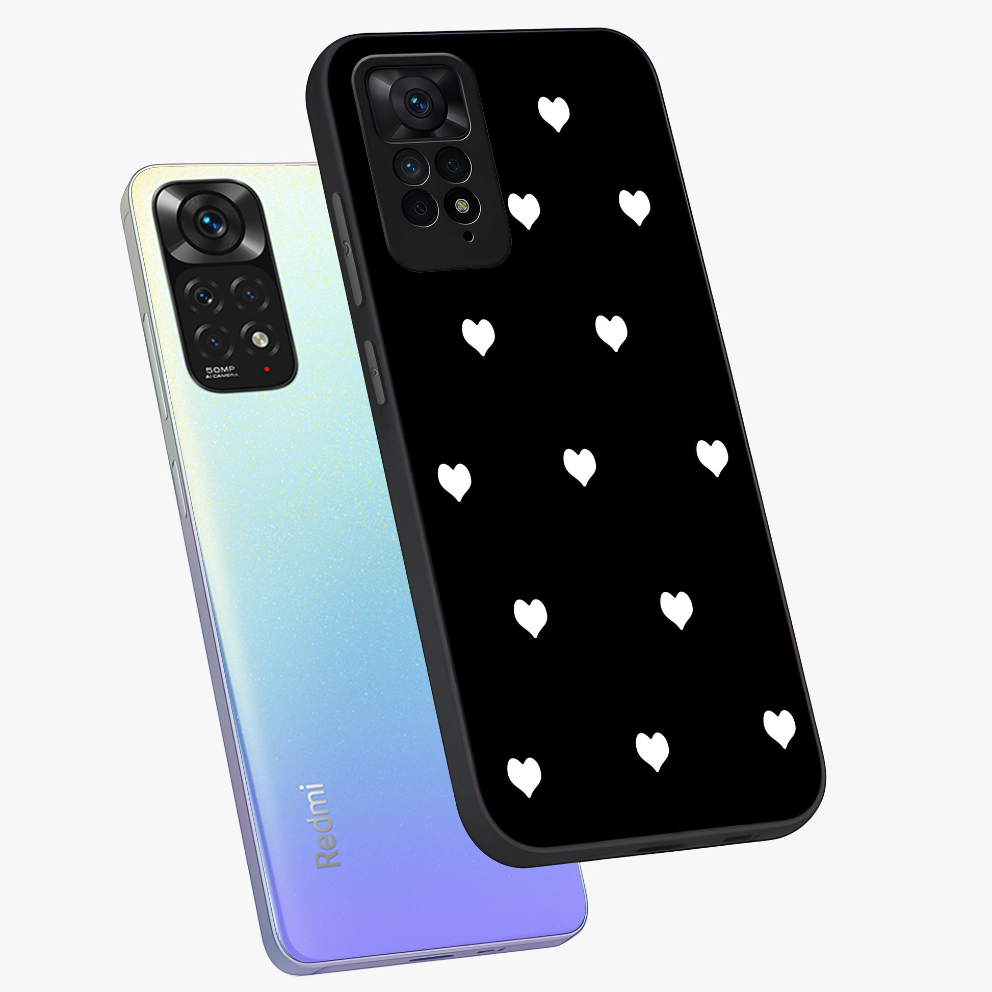 Cute And Simple White Hearts Glass Case displayed in angled mockup highlighting cute heart design with clean aesthetic style.