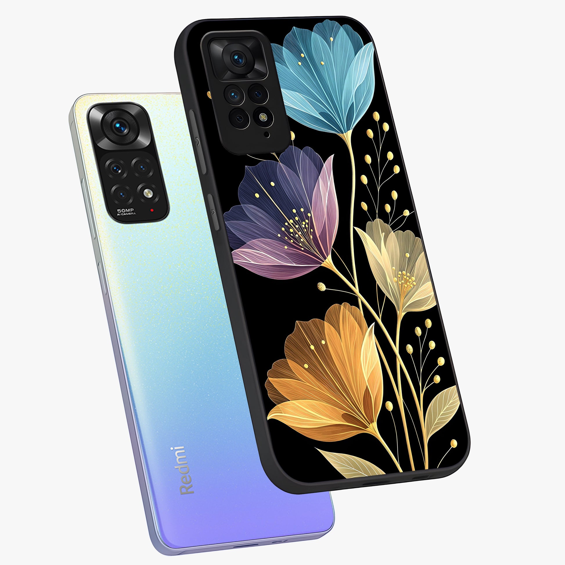 Delicate Multicolor Flowers Glass Case displayed in angled mockup highlighting colorful flower pattern with soft aesthetic style.