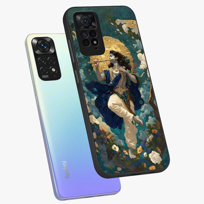 Divine Krishna Art Glass Case displayed in angled mockup highlighting spiritual Krishna illustration with devotional aesthetic.