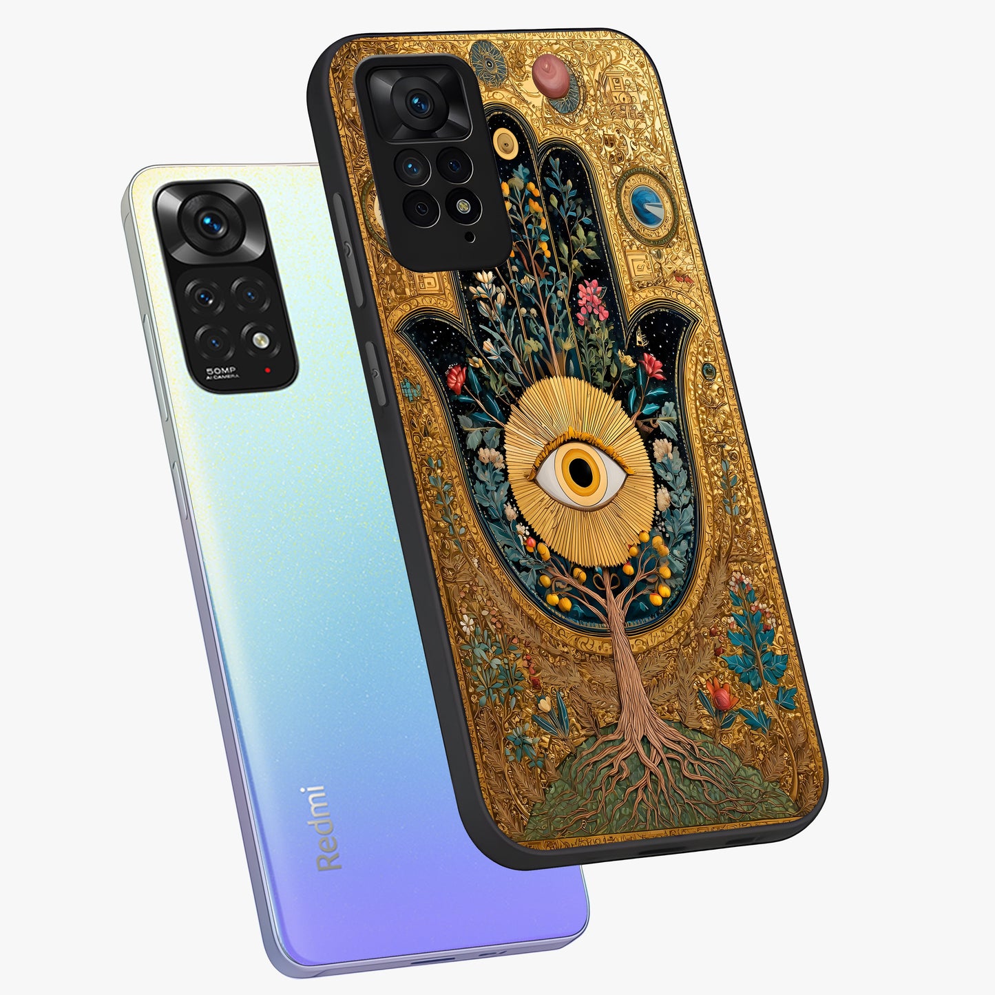 Ethereal Evil Eye Glass Case displayed in angled mockup highlighting protective evil eye symbol with spiritual aesthetic design.