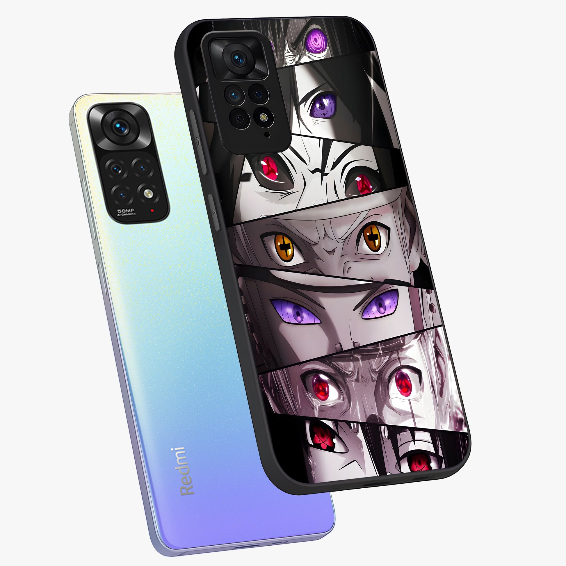 Eyes of Destiny Glass Case displayed in angled mockup highlighting bold eye illustration with mystical aesthetic style.
