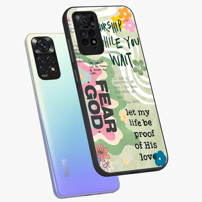 Faith Over Fear Glass Case displayed in angled mockup highlighting inspirational message design with modern aesthetic style.