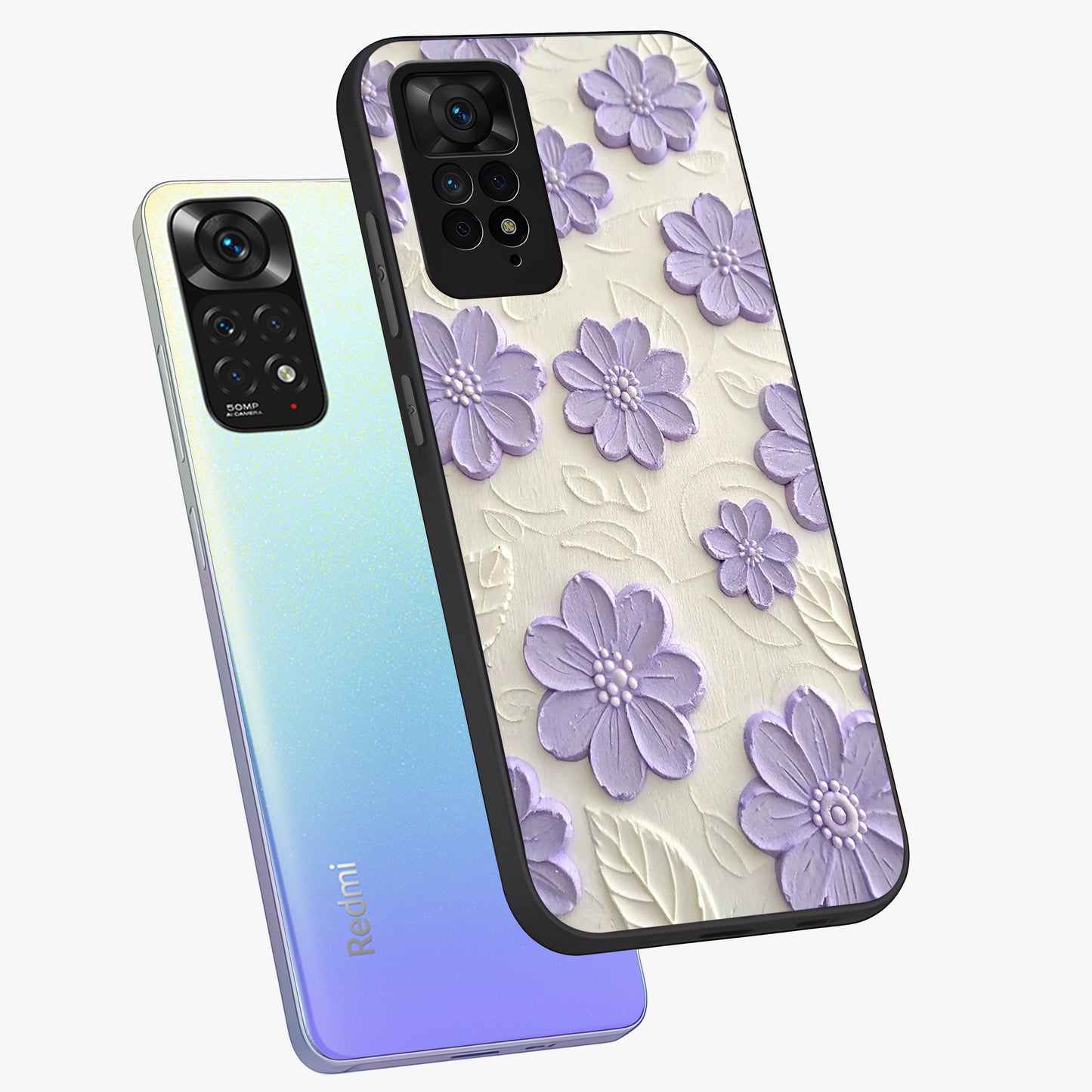 Floral Wall Art With Purple Flowers Glass Case displayed in angled mockup highlighting vibrant purple floral illustration with artistic aesthetic.