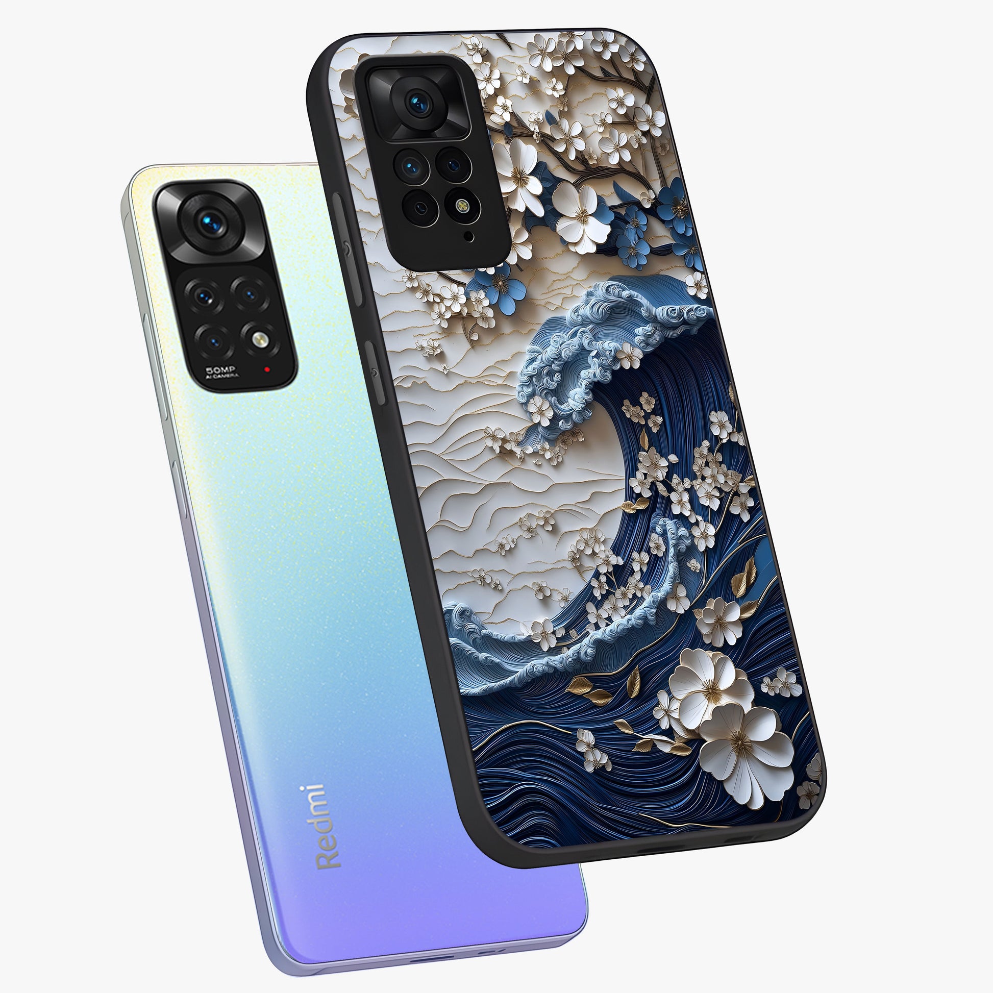 Floral Wave Origami Glass Case displayed in angled mockup highlighting geometric origami flower design with modern aesthetic style.