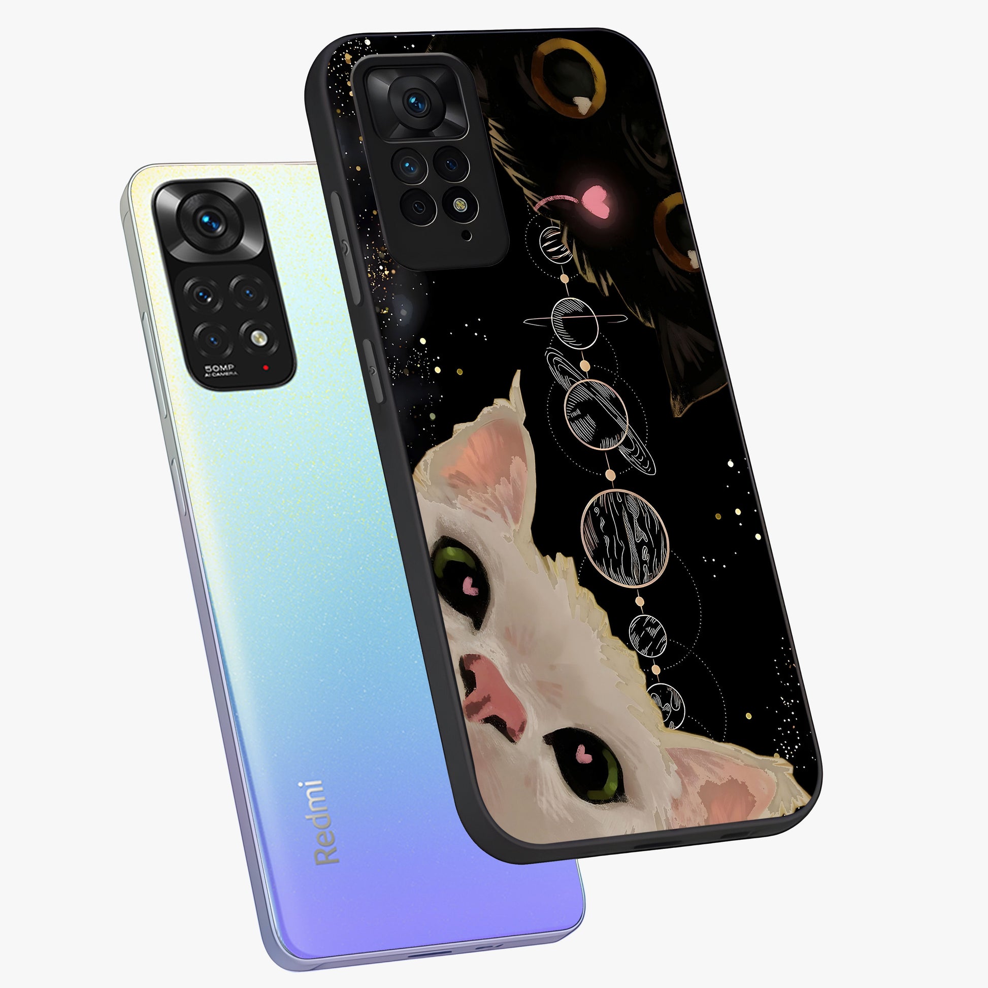 Galactic Cat Glass Case displayed in angled mockup highlighting celestial feline illustration with galaxy aesthetic style.
