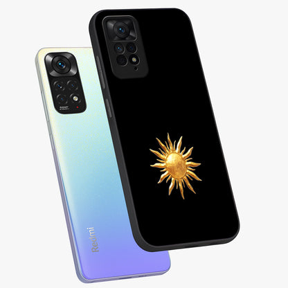 Golden Sun Minimalism Glass Case displayed in angled mockup highlighting eerie shadow illustration with gothic aesthetic.