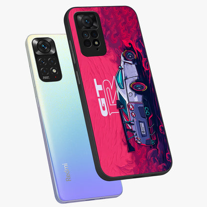 GT-R Car Pattern Glass Case displayed in angled mockup highlighting racing car graphic design with bold automotive aesthetic.