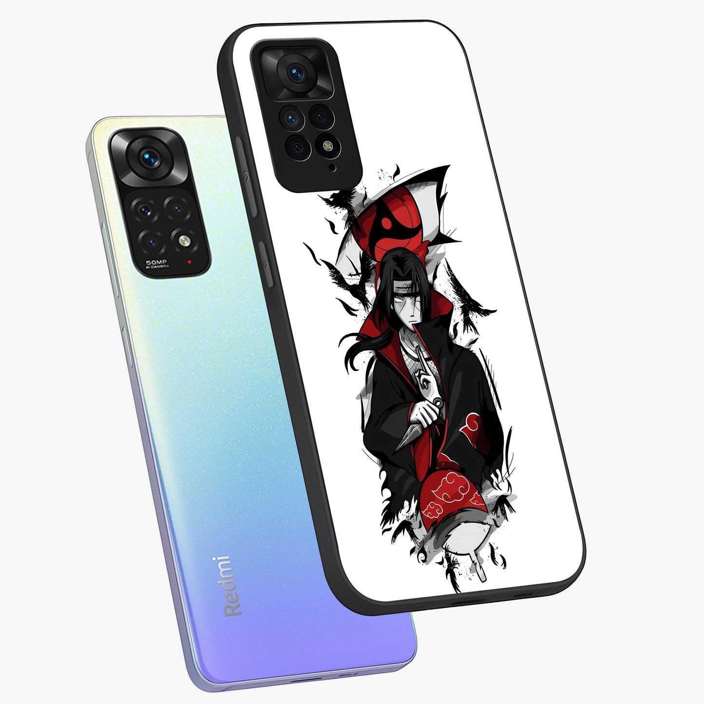 Itachi Limited Edition Naruto Anime Glass Case displayed in angled mockup highlighting dramatic anime illustration with bold action aesthetic.