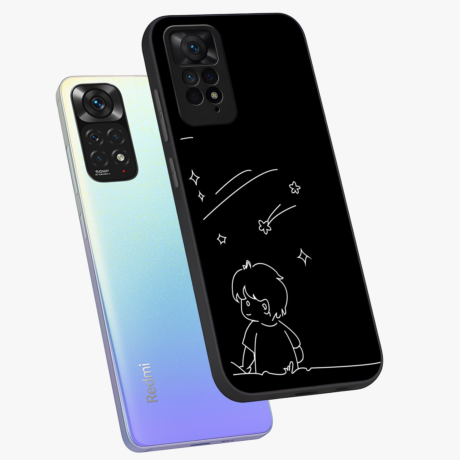Line Art Boy With Shooting Stars Glass Case displayed in angled mockup highlighting elegant line art design with dreamy star aesthetic.